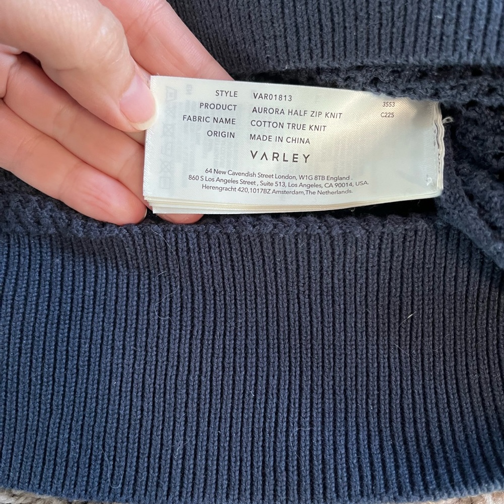 Varley Aurora Half Zip Knit Sweater Navy Blue Mesh Cotton VAR01813 Womens Small - Picture 7 of 7